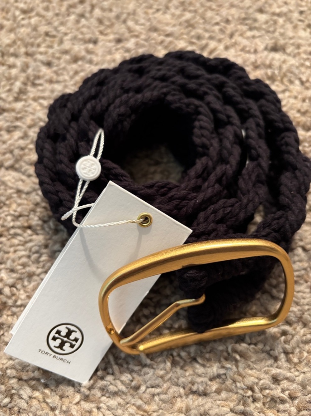 NWT Tory Burch Logo Macramé Braided Belt with Gold Buckle Black Size M/L
